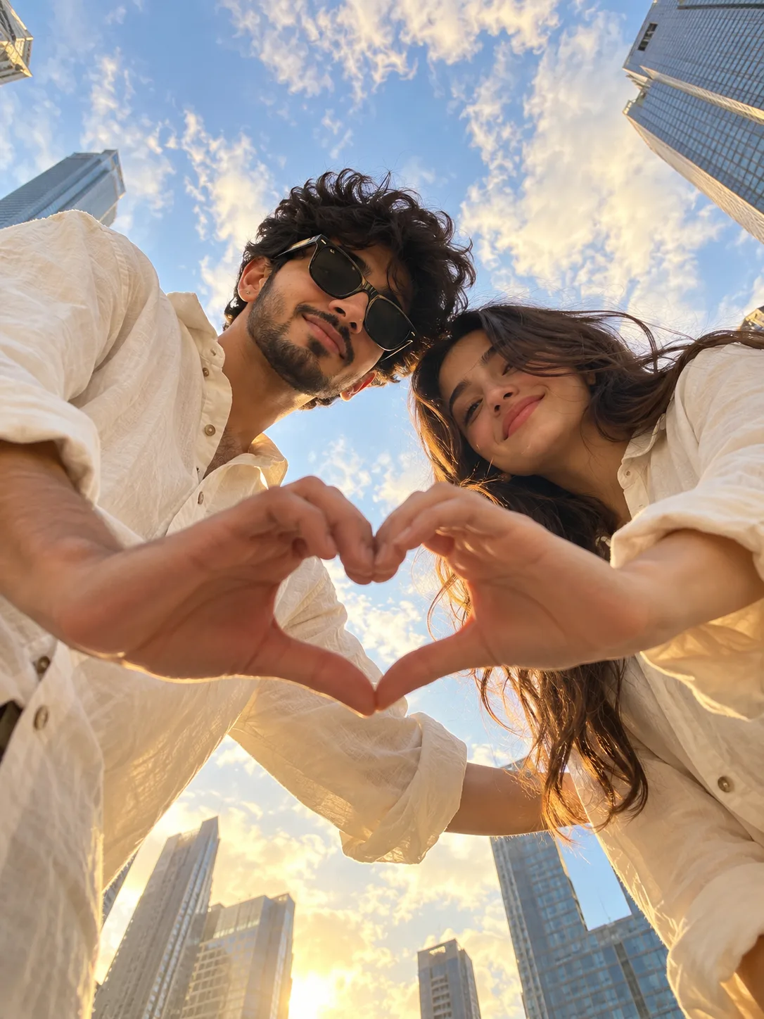 An extreme low angle, worm's-eye view of a happy young couple posing directly over the camera.