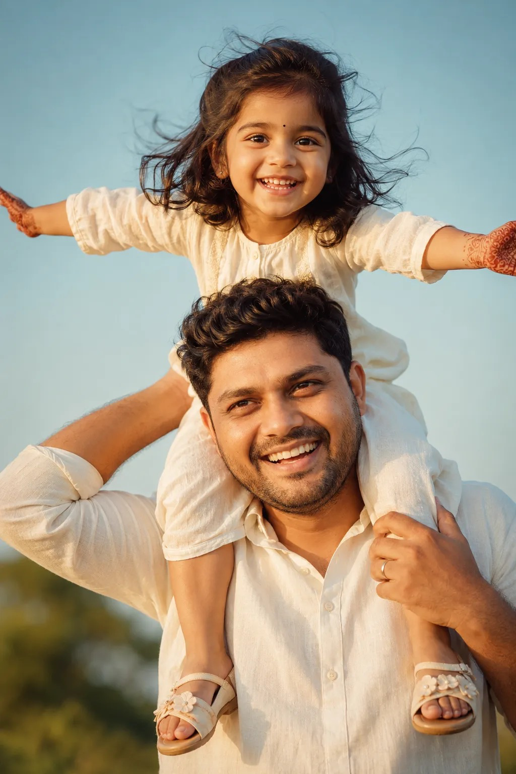 A candid, hyper-realistic cinematic portrait of a joyful 35-year-old South Asian father with curly black hair and a beard, laughing as he