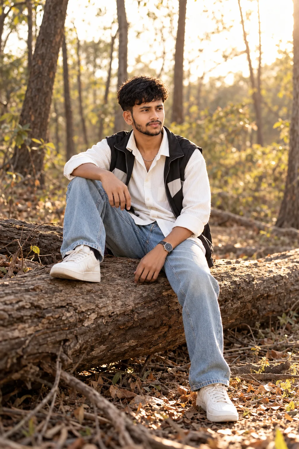 Ultra-realistic professional DSLR photograph of a slim young South Asian man seated casually on a large fallen tree trunk in a quiet