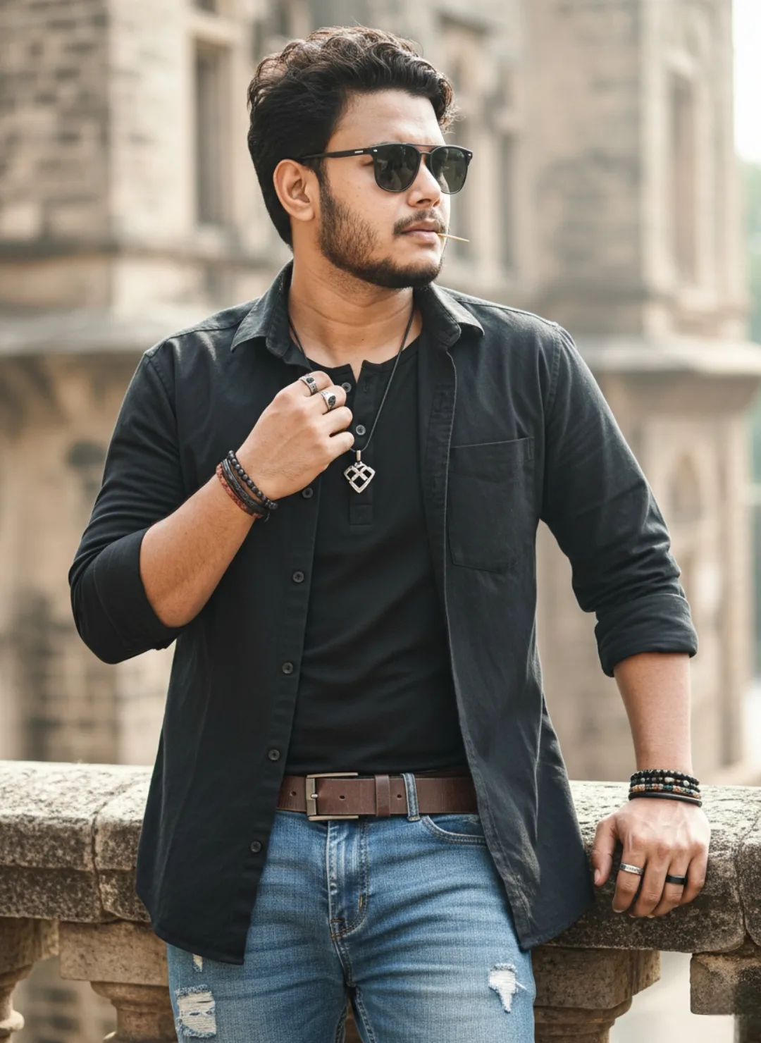 Prompt: A handsome young South Asian man with short dark wavy hair and a short beard, wearing black rectangular sunglasses, a black