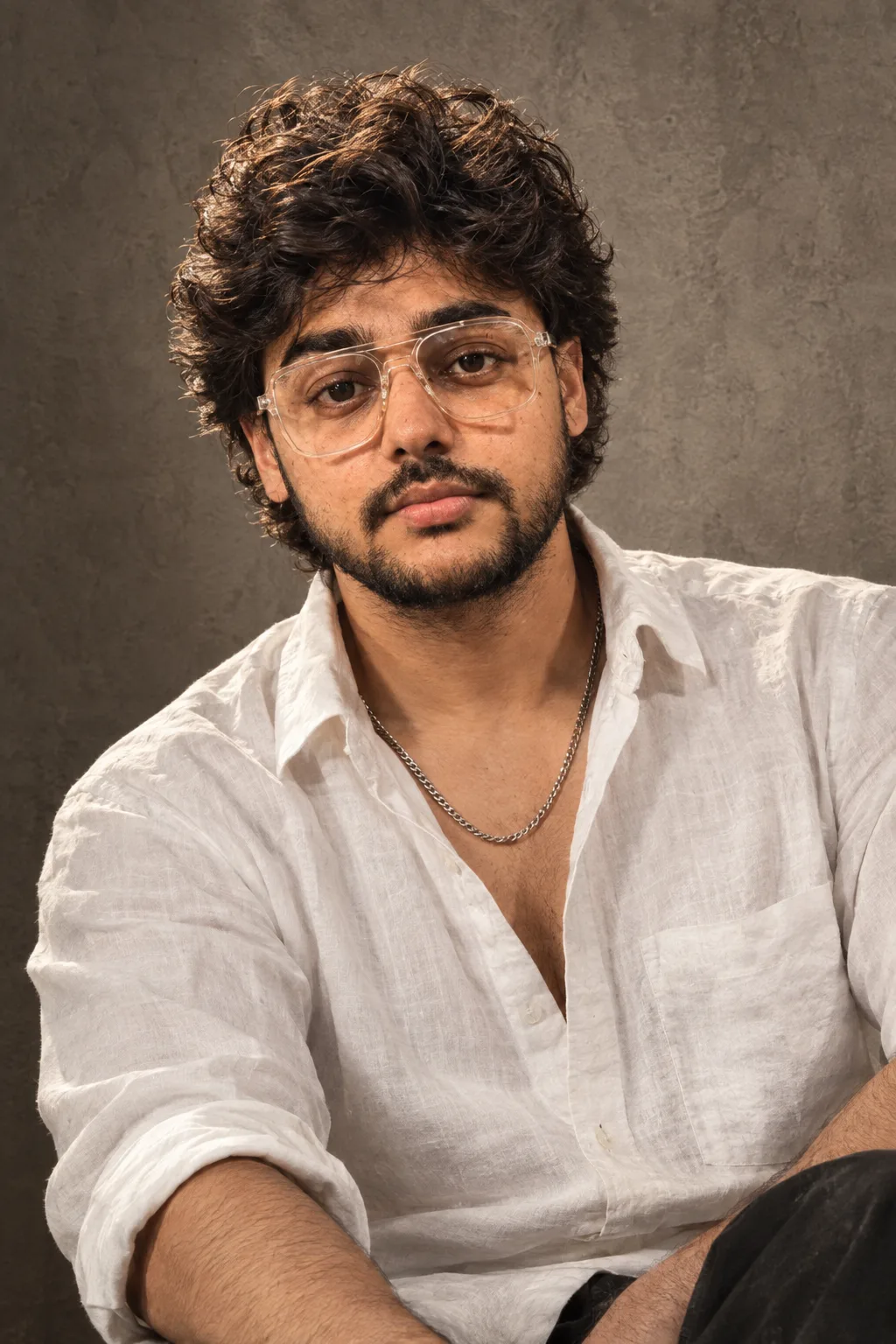 An ultra-realistic, highly detailed medium shot photograph of the man from the original image, wearing his white unbuttoned shirt and