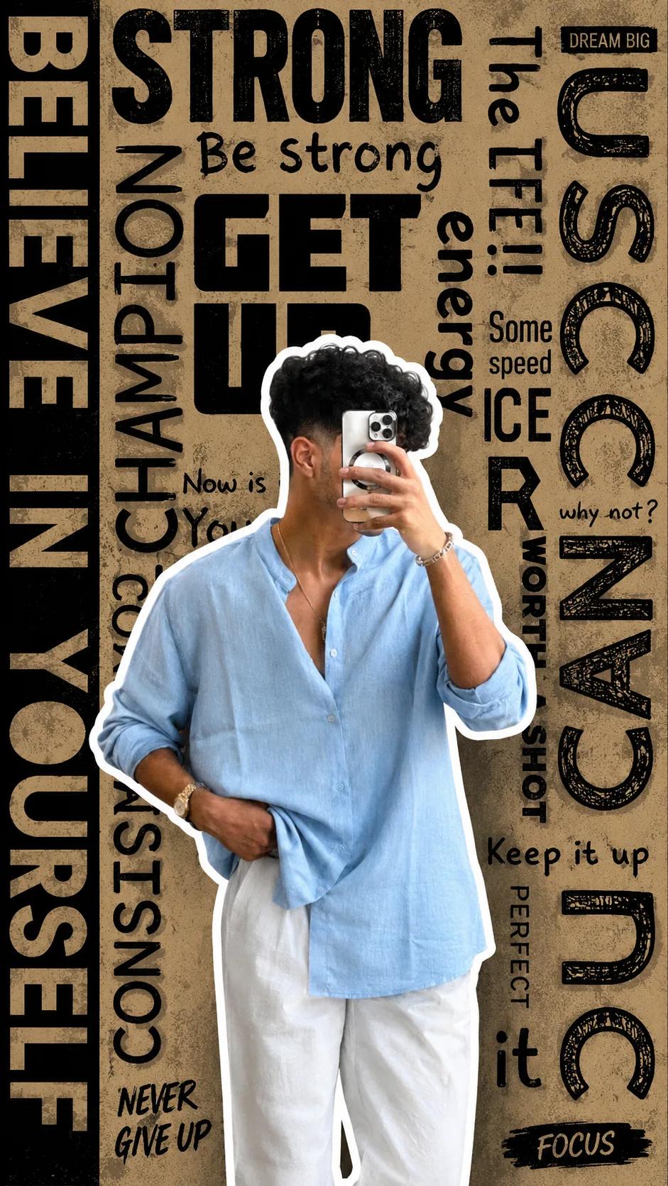 **Ultra-realistic vertical 9:16 Instagram DP poster of a young male taking a mirror selfie, wearing a loose light-blue linen shirt with