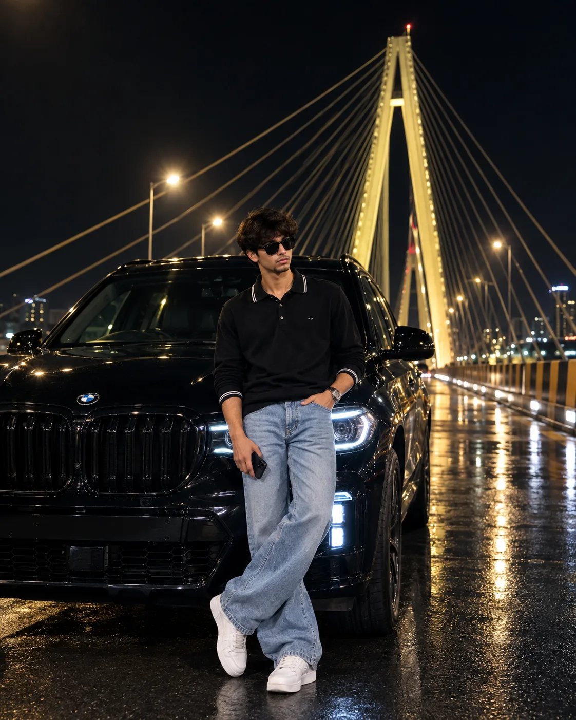 Ultra-realistic cinematic night portrait of a stylish young man standing casually in front of a glossy black luxury SUV on a modern