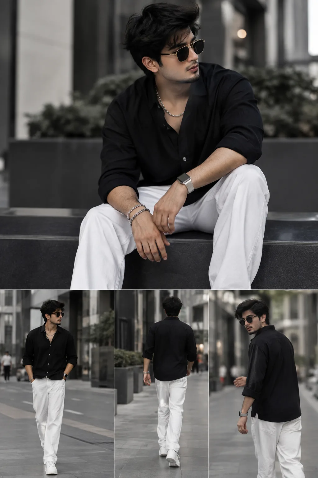 quality black and white shirt black paint With Silver Smartwatch A black sunglasses golden framing and Silver chain necklace bracelets.