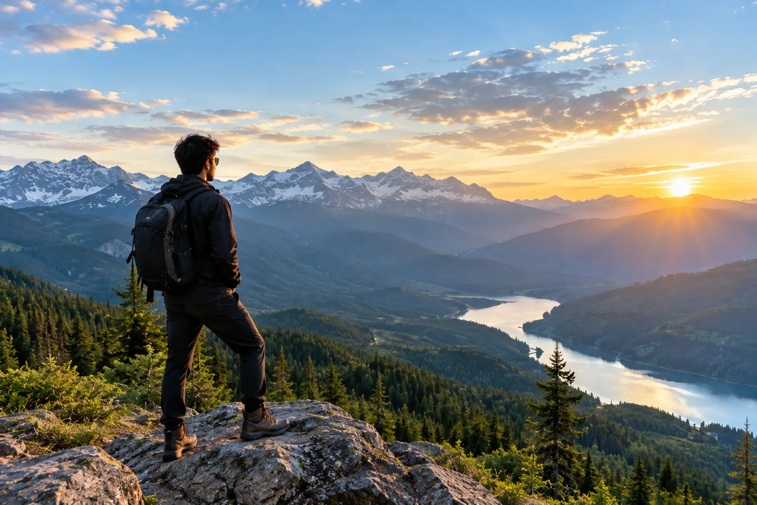 A handsome young man standing on a rocky mountain peak, overlooking a vast valley with lush pine forests, winding river, and majestic