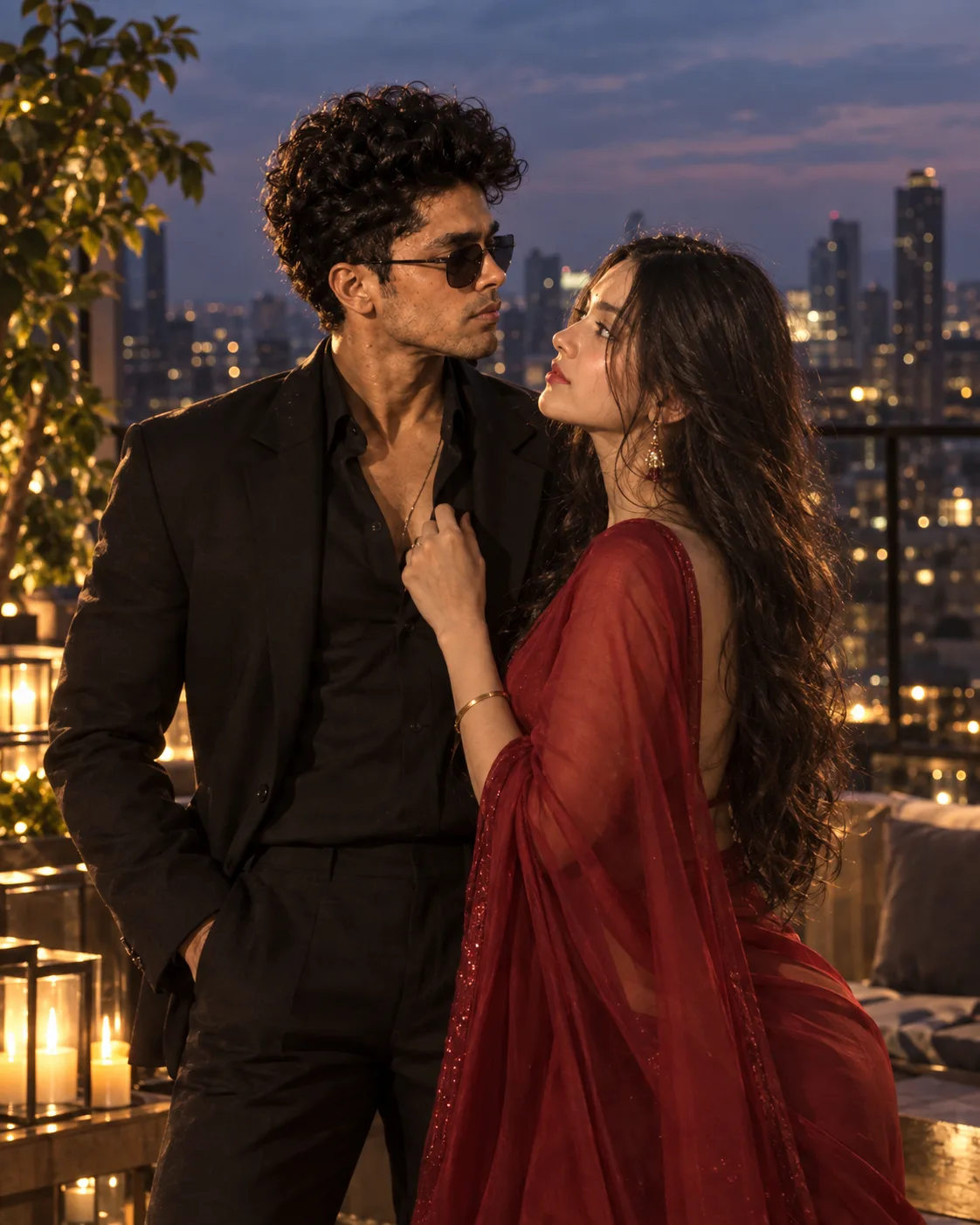 > Ultra-realistic cinematic romantic couple portrait on a luxury rooftop terrace at blue hour.