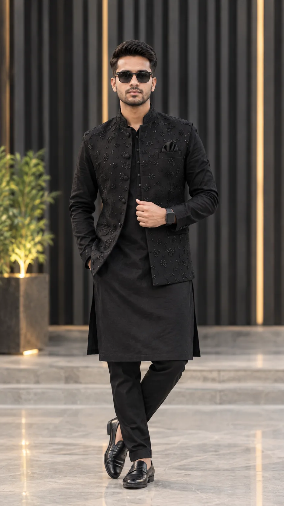Create a highly realistic full-body fashion portrait of a stylish young South Asian/Indian man standing confidently in an elegant modern