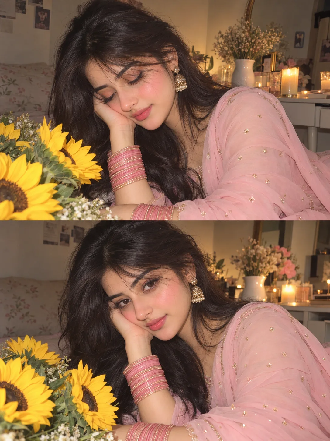 Ultra-realistic soft vintage flash portrait collage of a young South Asian woman wearing a pastel pink georgette salwar suit with delicate