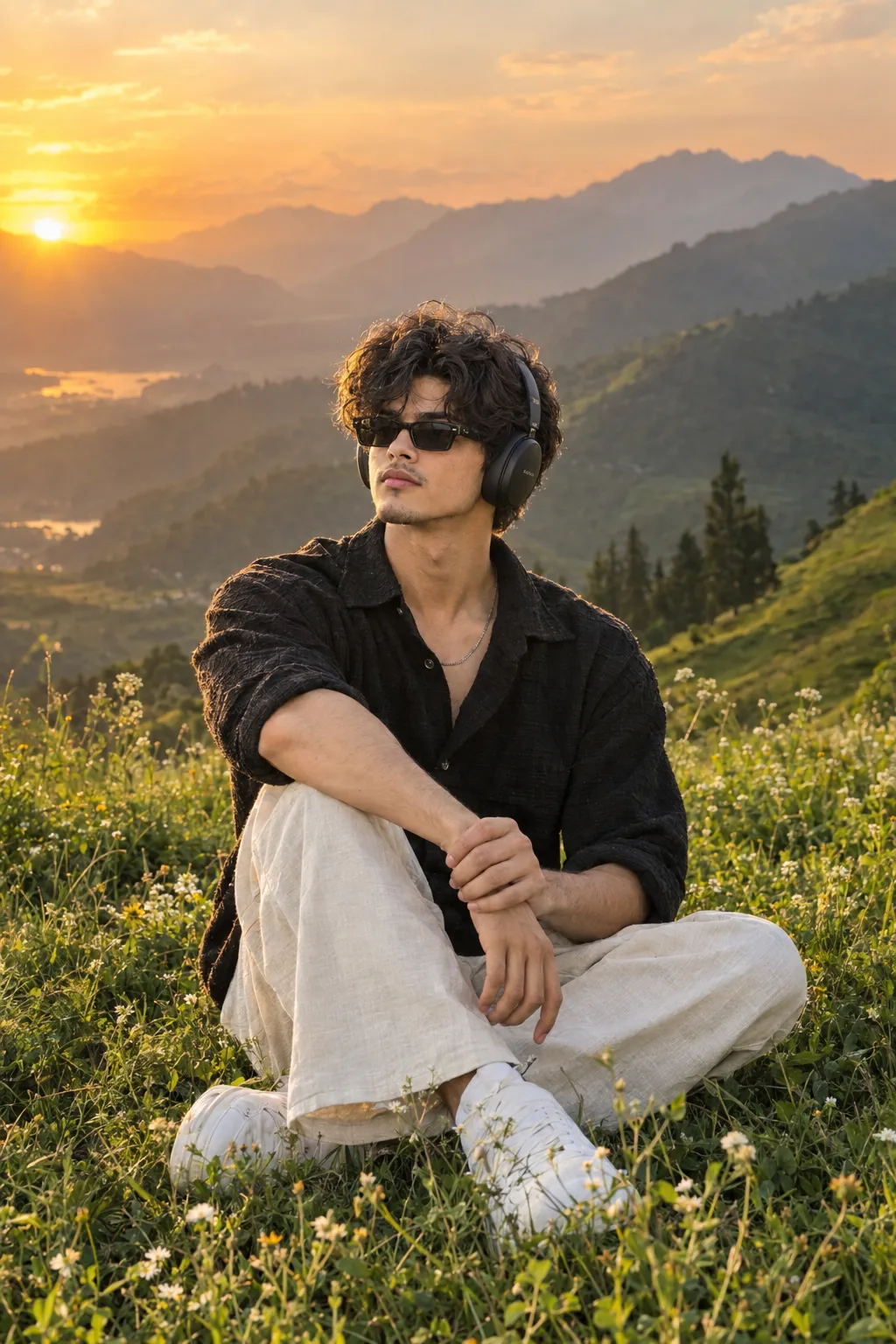 Create a highly photorealistic, cinematic portrait of a handsome young South Asian man (early 20s) sitting in a lush mountain meadow.