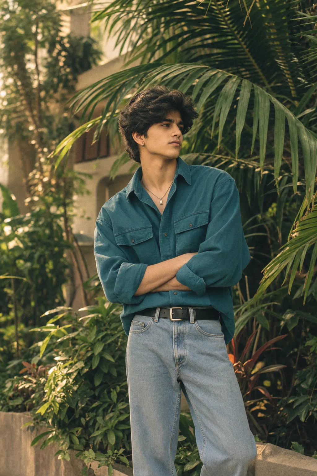 Create an ultra-realistic premium editorial portrait of a young male standing outdoors in a lush tropical setting, inspired by the