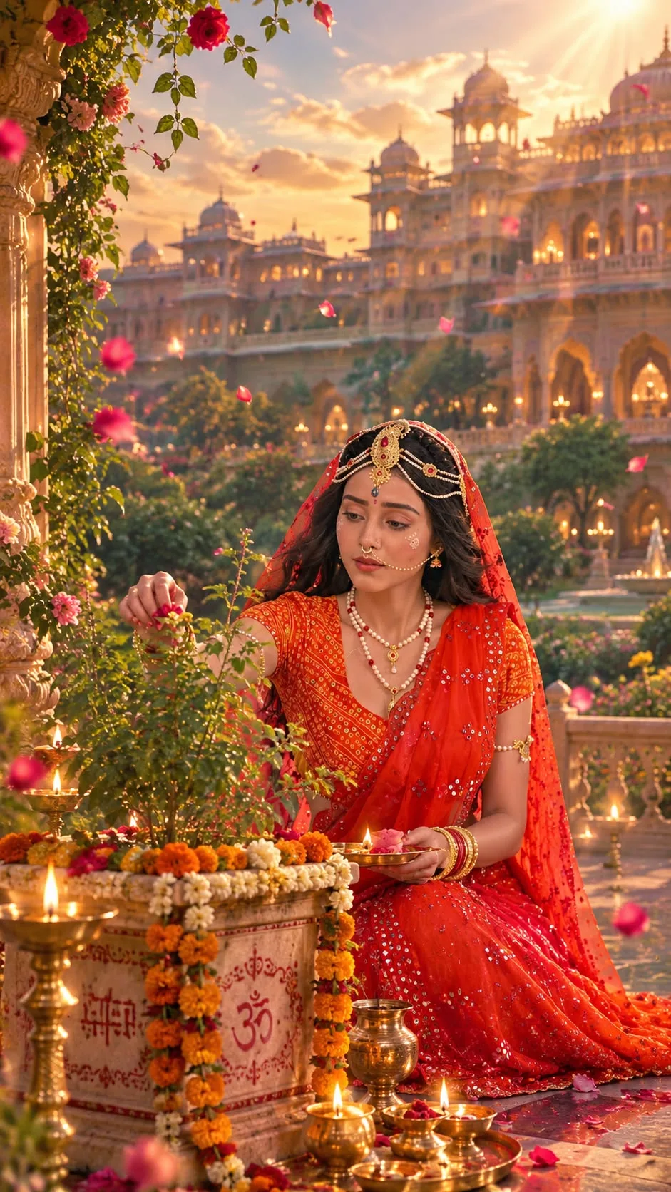 A beautiful young Indian woman dressed in a vibrant red-orange traditional saree with intricate golden embroidery and a flowing red veil,