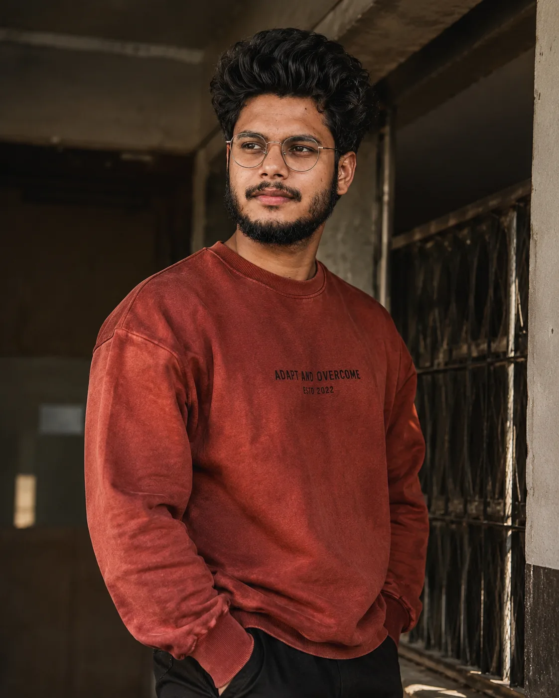 A realistic portrait of a young South Asian man in his early 20s standing outdoors in an abandoned concrete building.