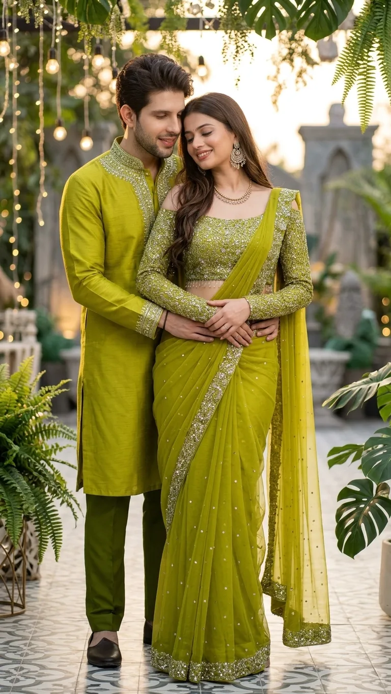 > **CONCEPT:** A photorealistic full-body portrait photograph featuring the couple from `image_76.png`, retaining their exact facial
