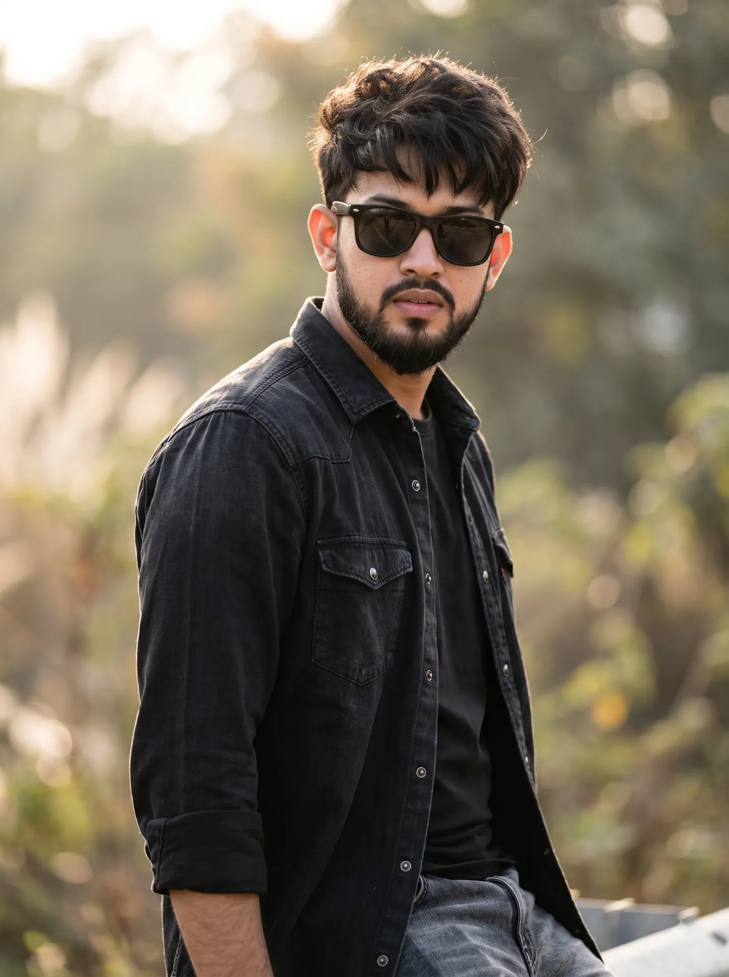 MODERN PORTRAIT OF A YOUNG MAN 28 YEARS OLD WITH SAME REFFERENCE FACE MESSY FRINGE HAIR, LOOK A BEHIND WEARING A DANIM BLACK SHIRT WITH