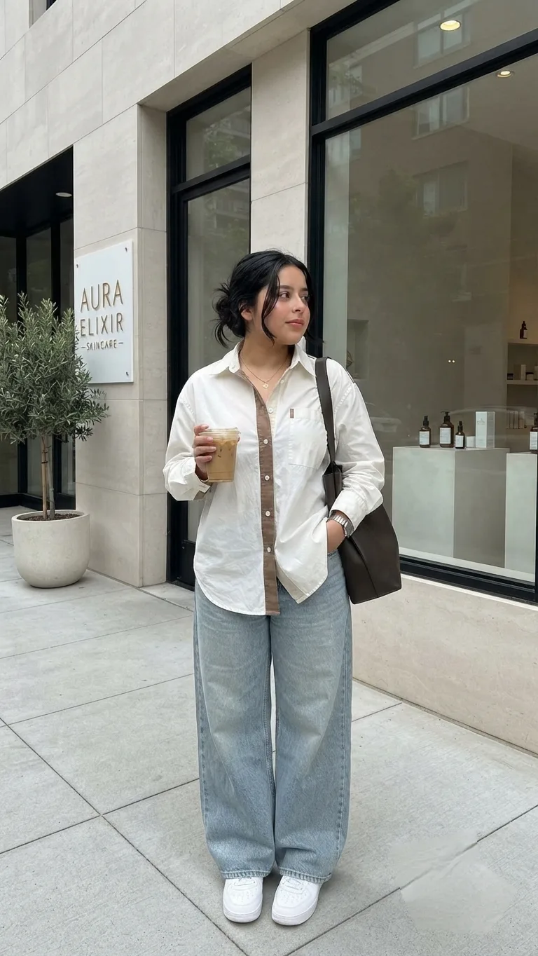 “Ultra-realistic full-body street fashion portrait of a young South Asian woman standing casually outside a minimalist luxury skincare