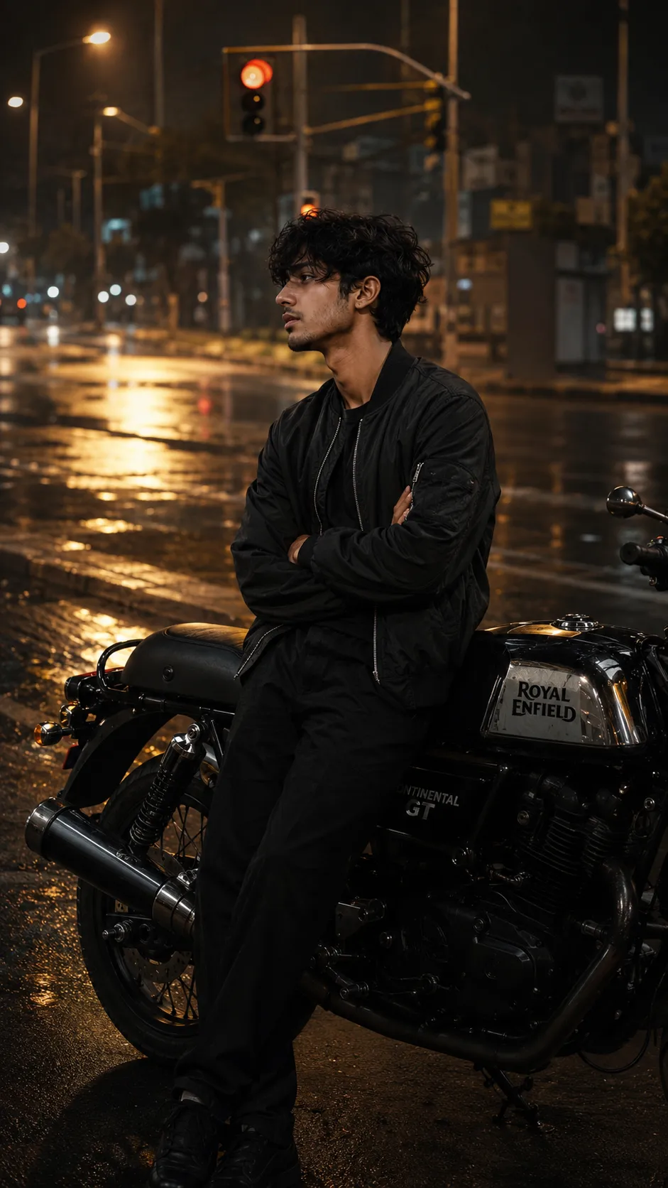 @Create image Ultra realistic cinematic night street portrait of a young Indian man leaning casually against a black and silver Royal