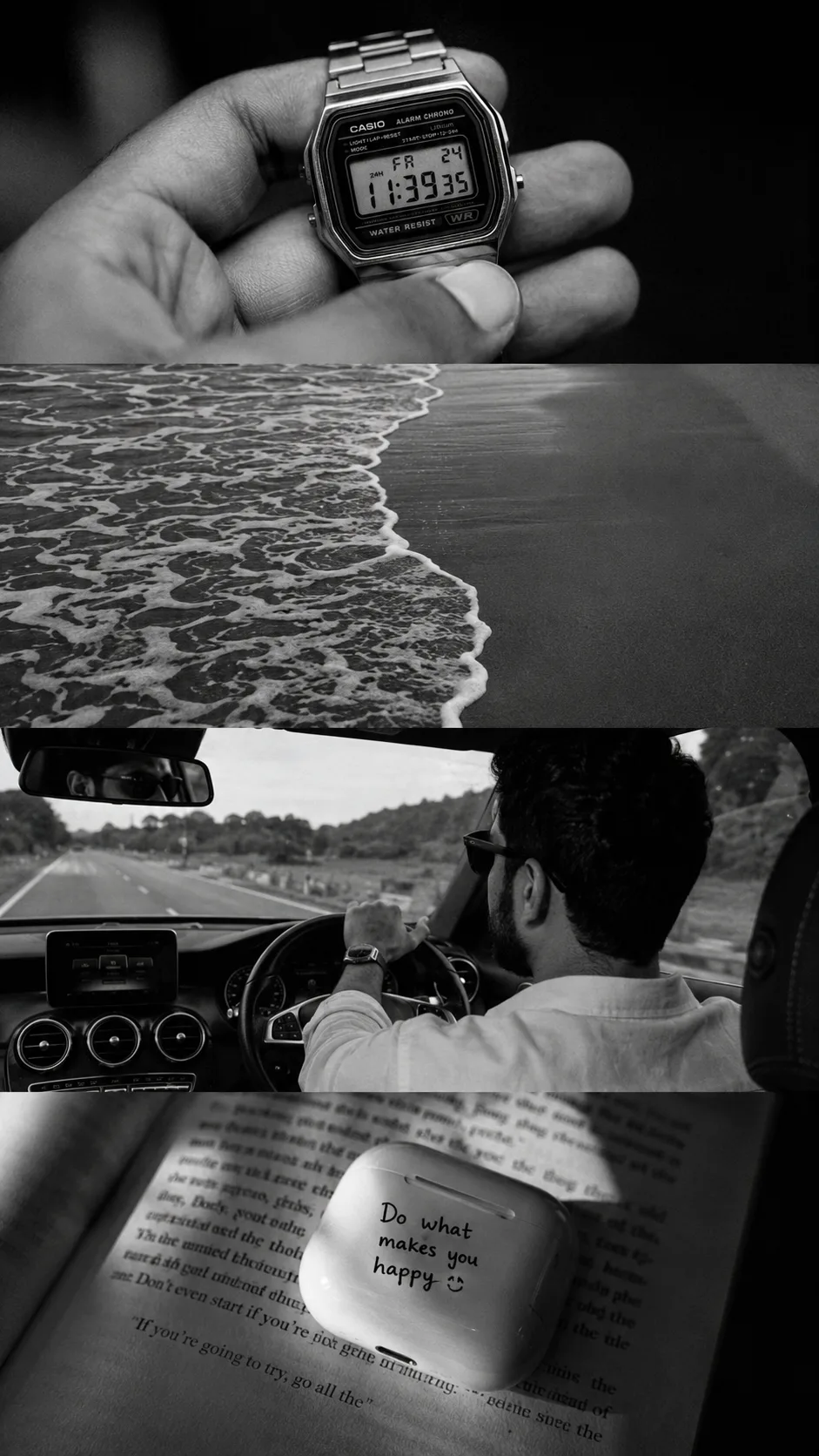 Create a premium cinematic 4-panel vertical collage (9:16 aspect ratio) featuring the same young South Asian man from the reference photo.
