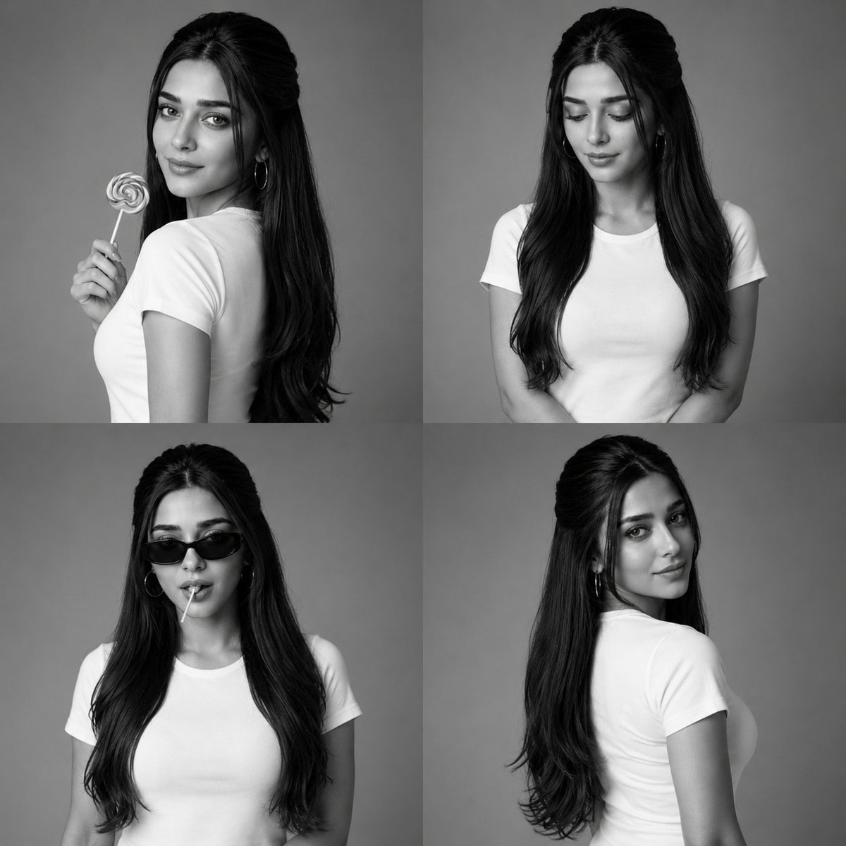 GPT IMAGE 2 on CHAT GPT: Prompt: Create a luxury black-and-white fashion studio collage arranged in a clean 2×2 grid, featuring four