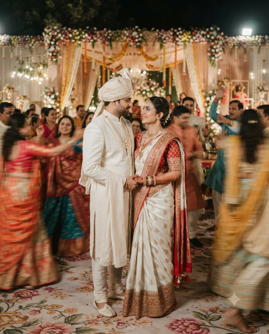 A cinematic Gujarati wedding scene featuring a man and woman dressed in traditional attire, standing still at the center and gazing into