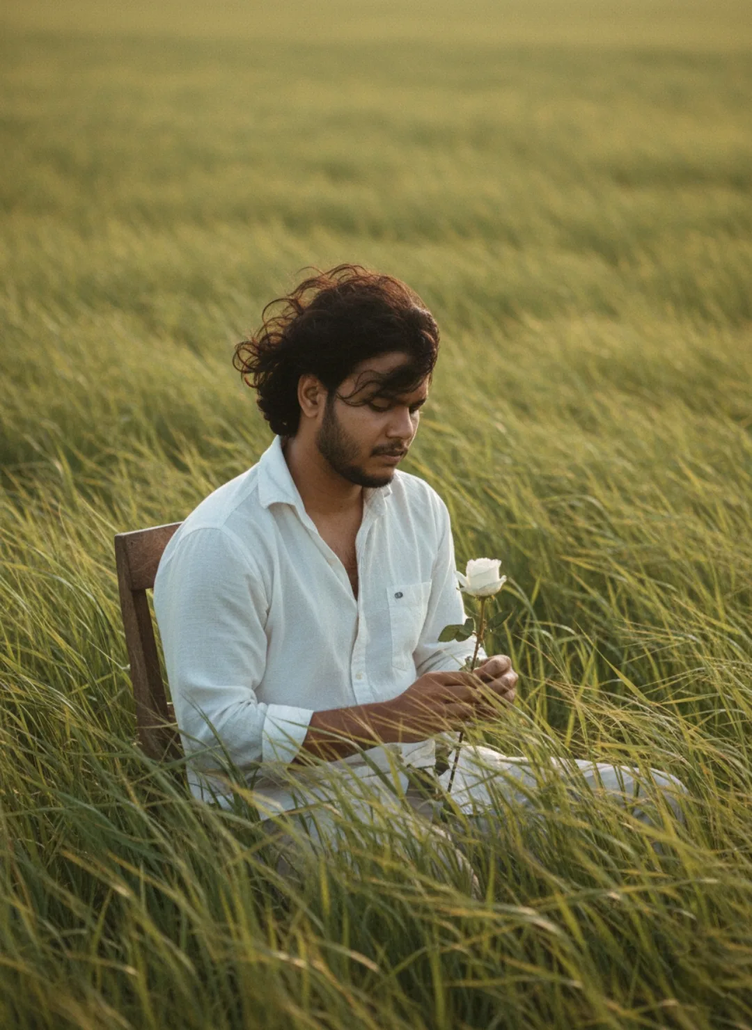 A young South Asian man with wavy dark brown hair and a light beard sits alone on a simple wooden chair in the middle of a vast field of