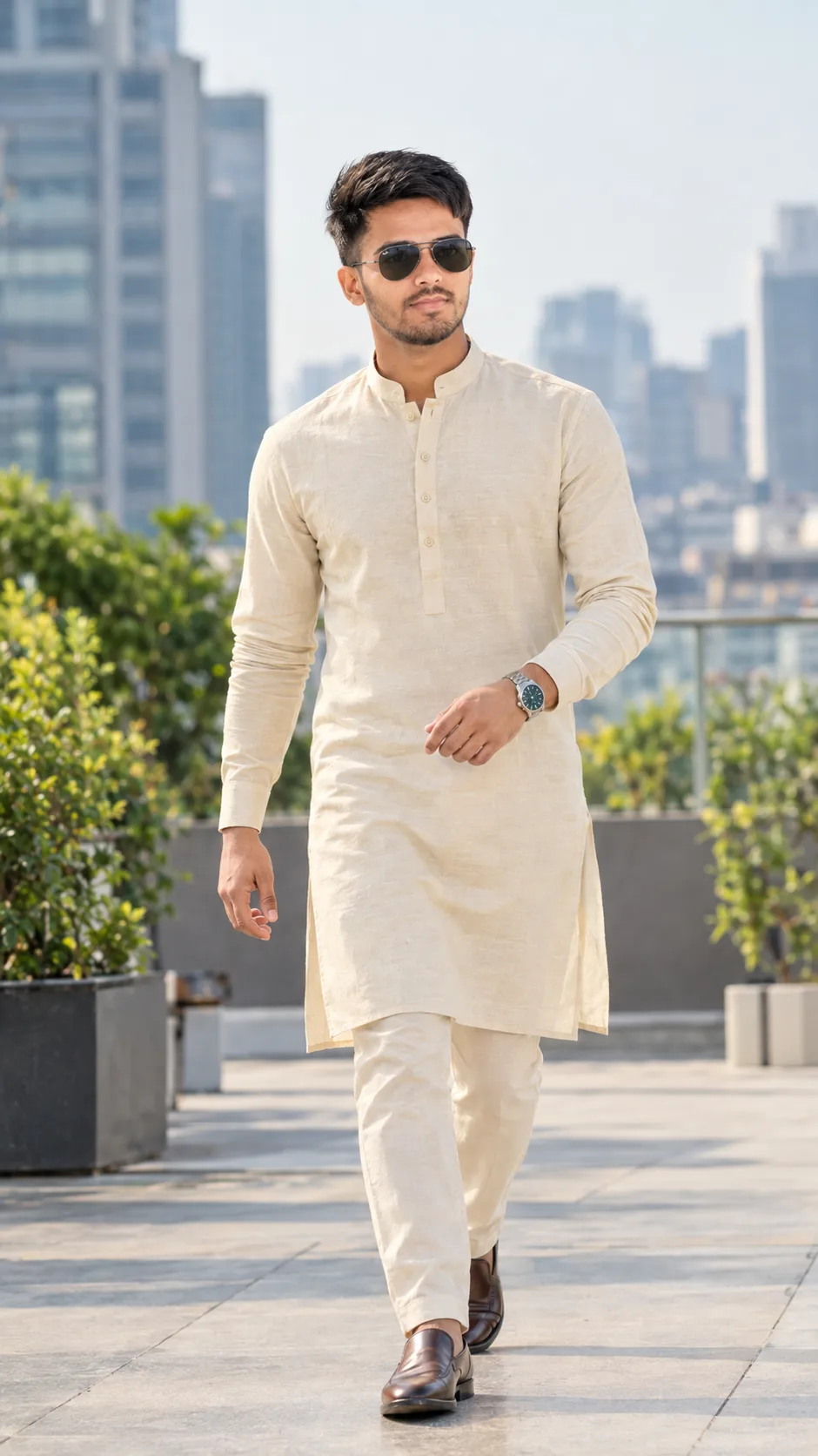 Create a highly realistic full-body fashion portrait of a stylish young South Asian/Indian man walking confidently on a modern luxury