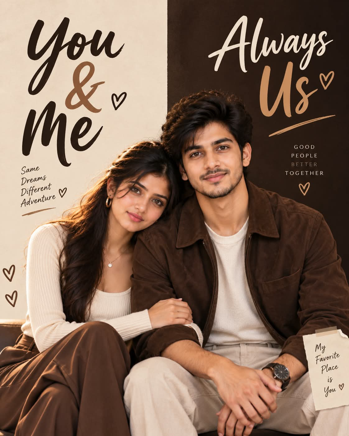 Create a premium romantic couple poster featuring the same two South Asian models from the reference images, preserving their facial