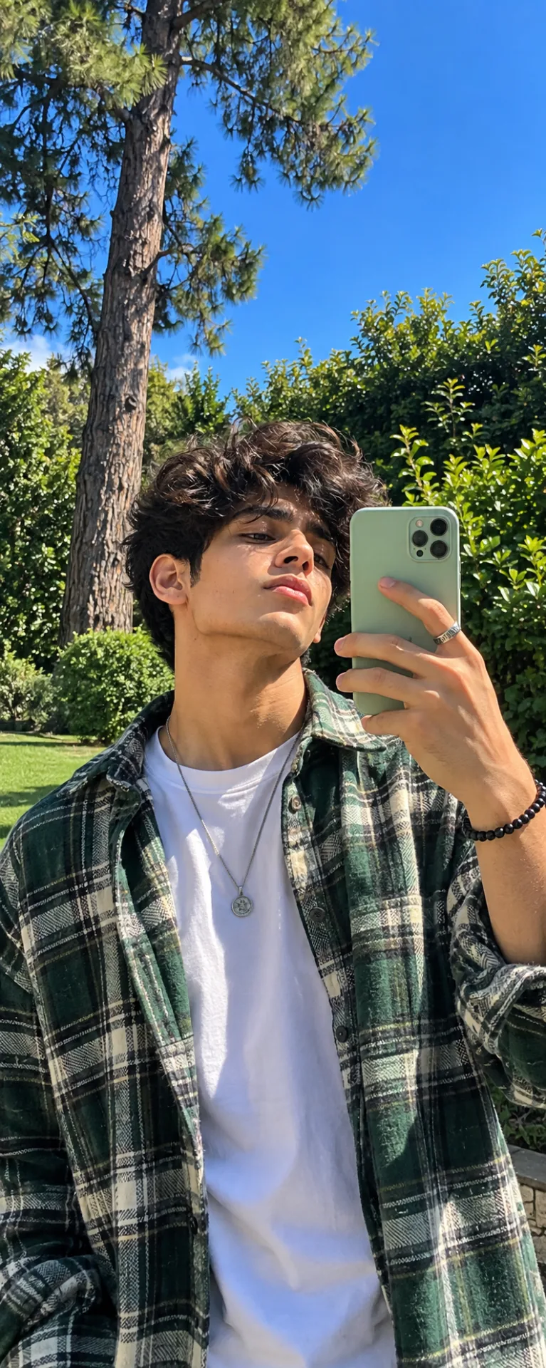 "category": "portrait_creator", "category_reasoning": "The image is a casual, single-subject mirror selfie shot outdoors, heavily aligned