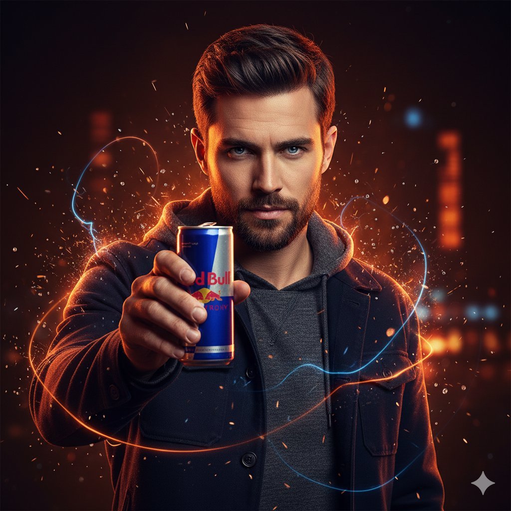 A cinematic commercial-style portrait of a young man, half-body shot, holding a Red Bull energy drink can toward the camera as if starring