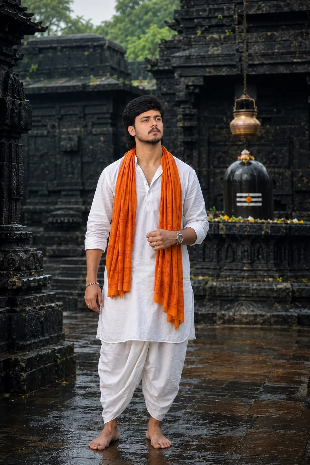 Create a photorealistic, cinematic full-body portrait of a young Indian man standing barefoot inside an ancient black-stone Hindu temple