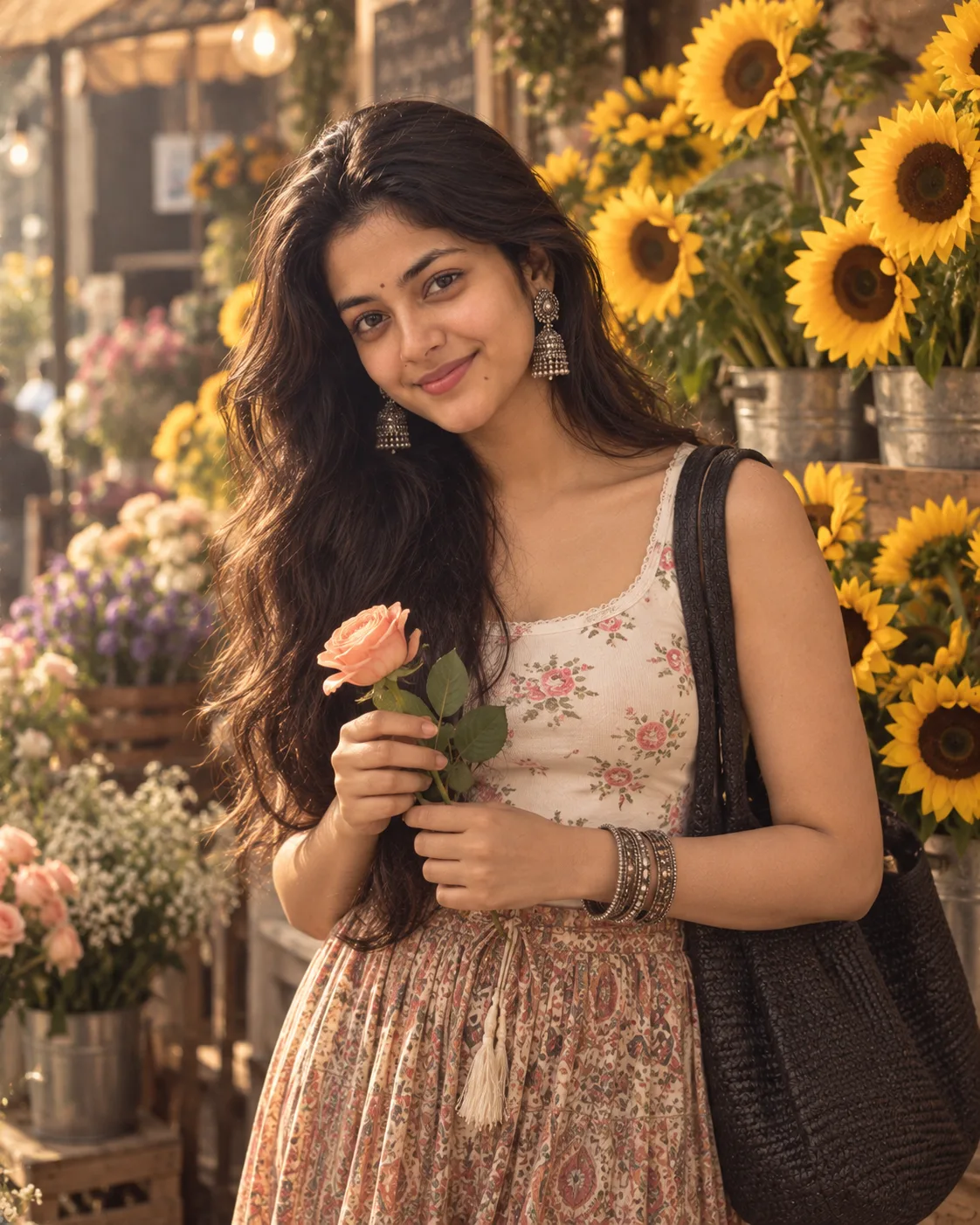 Ultra-realistic cinematic portrait of a beautiful young South Asian woman standing in a cozy flower market, eyes gently open seeing front