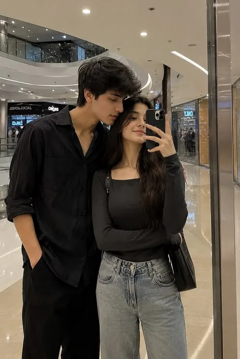 A highly detailed, photorealistic full-body mirror selfie of an attractive young couple posing together inside a modern luxury shopping
