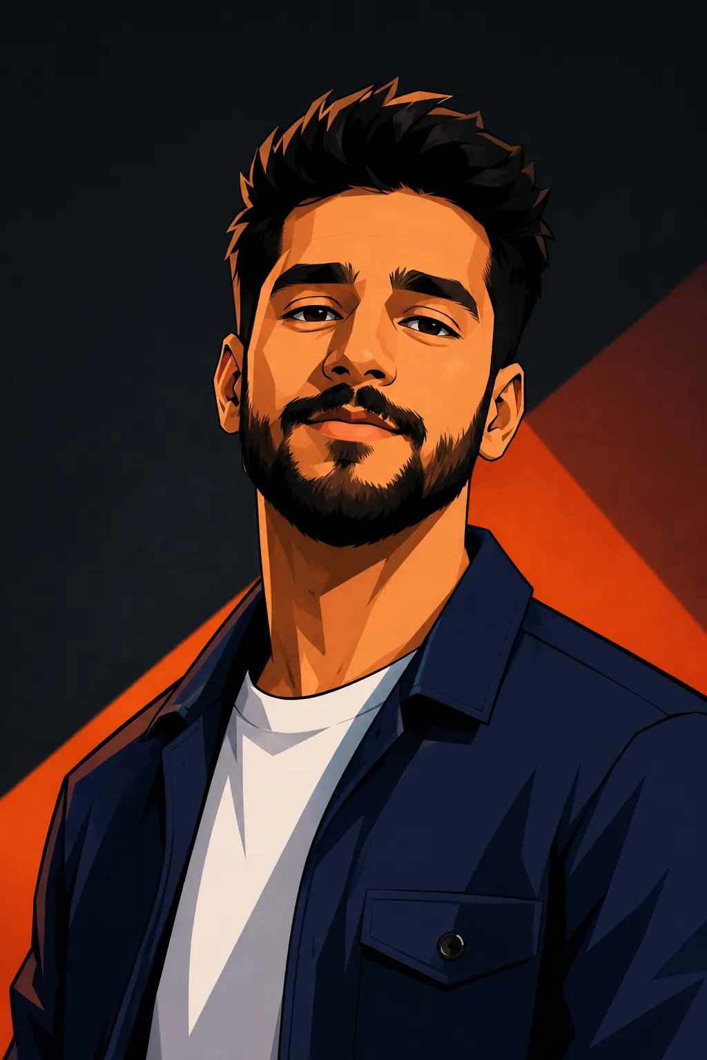 Using the attached photo of the man, Create an original cartoon character portrait in a bold geometric animation style.