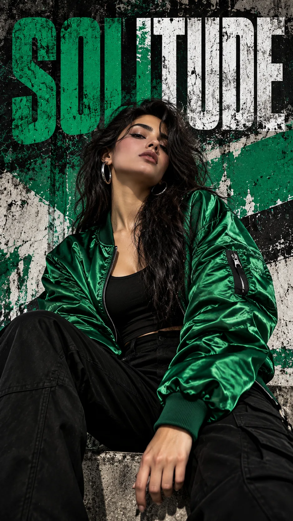 Create a bold street-fashion poster featuring a glamorous woman with long black hair, silver hoop earrings, and a fearless expression.