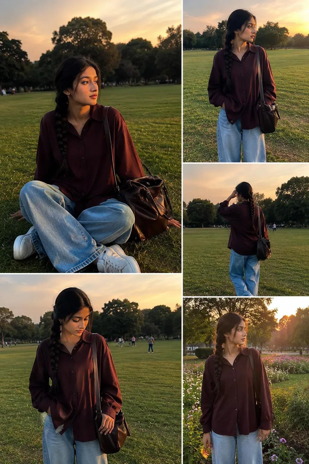 Prompt: Ultra realistic lifestyle fashion collage of a beautiful young woman in a wide open green park during golden hour sunset, soft warm