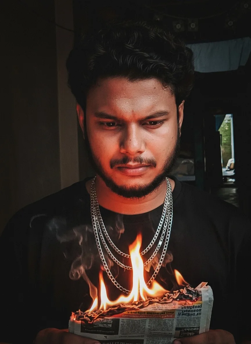 A young South Asian man with curly black hair, a short beard and mustache, intense furrowed brow and serious expression, looking slightly