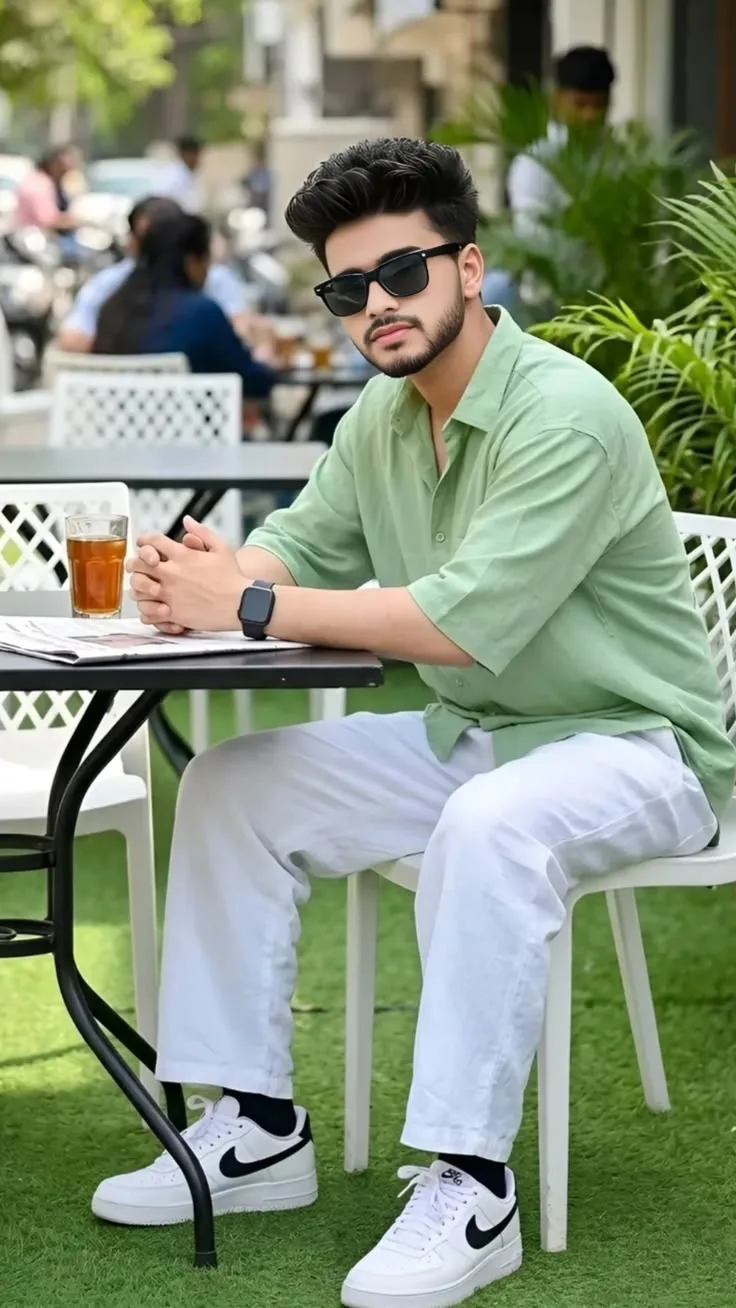 A full-body lifestyle portrait of a young South Asian man with a well-groomed beard and stylishly coiffed dark hair, sitting at an outdoor