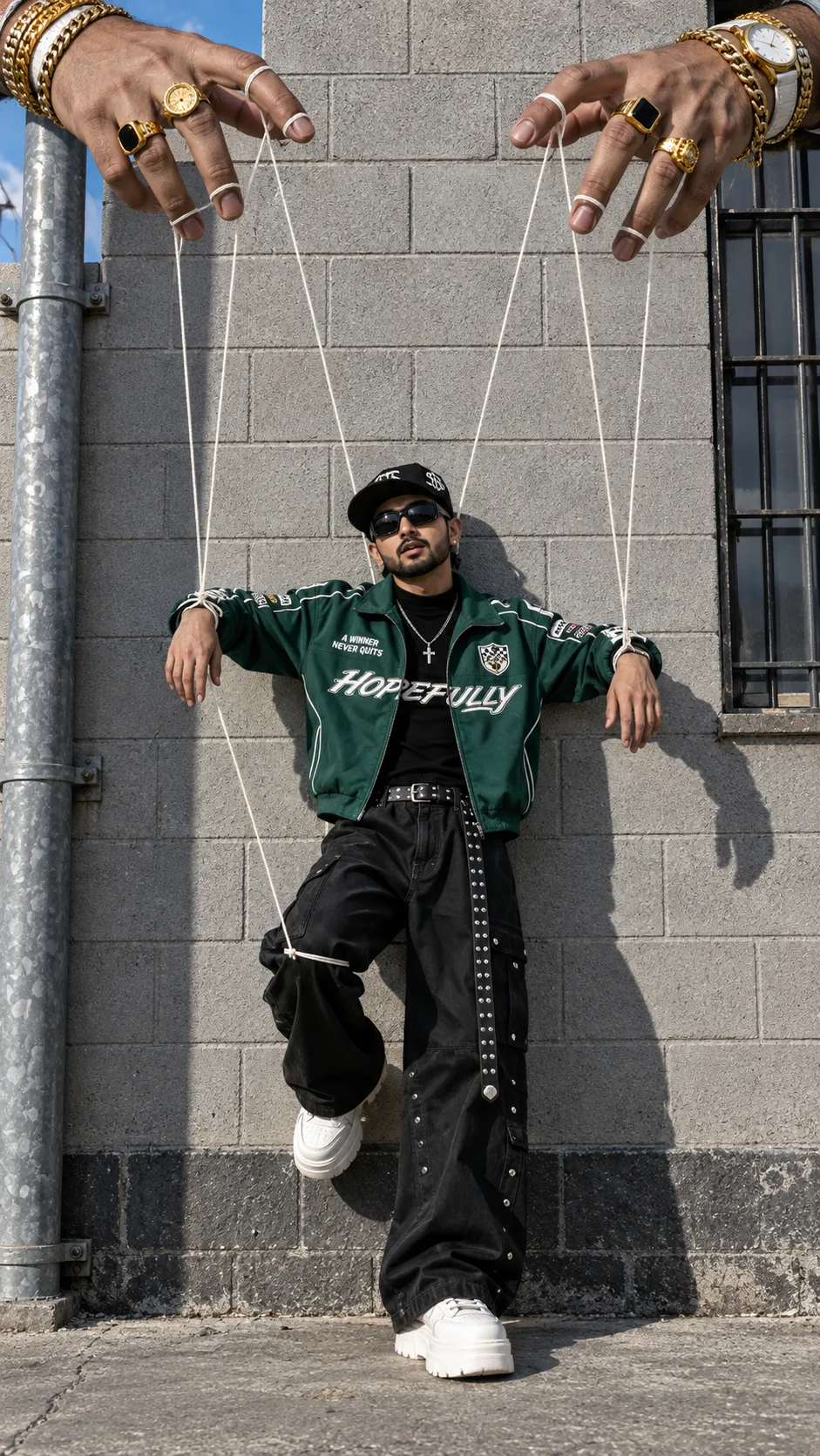 A conceptual marionette composite: two giant hands enter the frame from the upper left and upper right corners, fingers draped with white