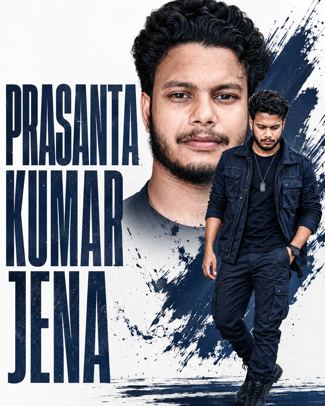 A high-quality cinematic portrait poster of a young Indian man named Prasanta Kumar Jena.