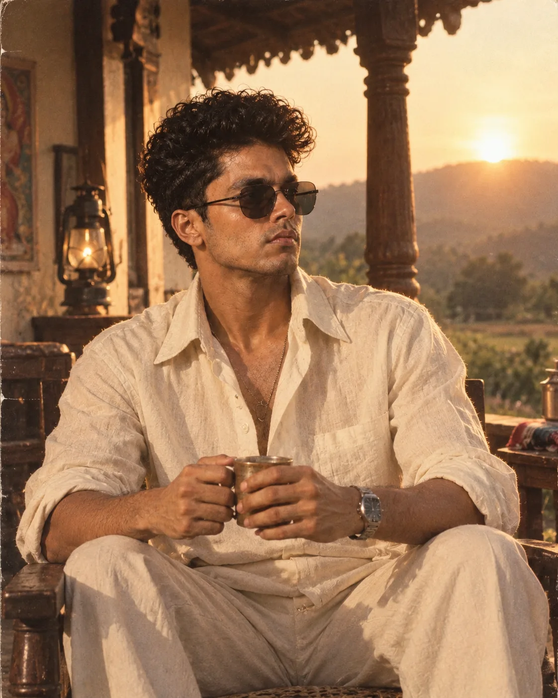 Ultra-realistic cinematic portrait of a young South Asian man seated comfortably in a rustic traditional countryside veranda during