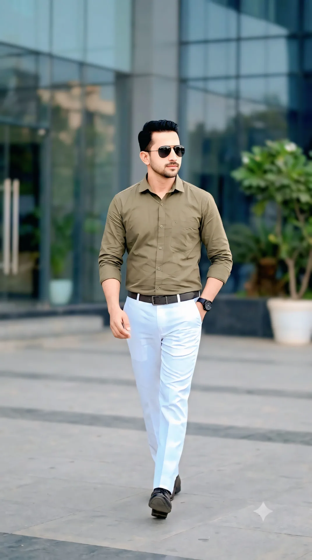 AI Image Prompt “A stylish young South Asian man walking confidently toward the camera outside a modern glass building, wearing a neatly
