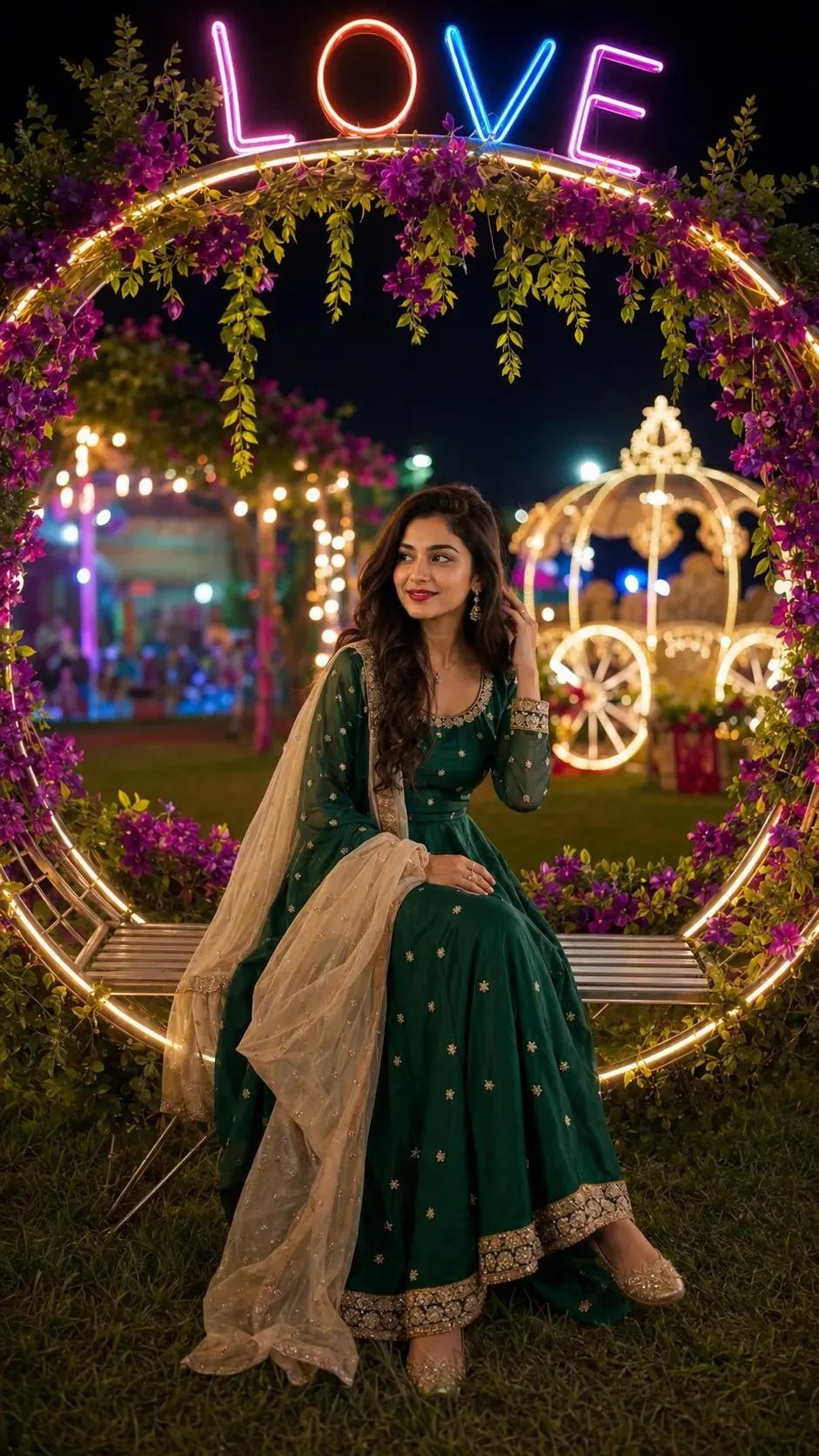 Ultra-realistic young South Asian woman in elegant emerald-green Anarkali, seated gracefully inside a floral LED arch, looking downward