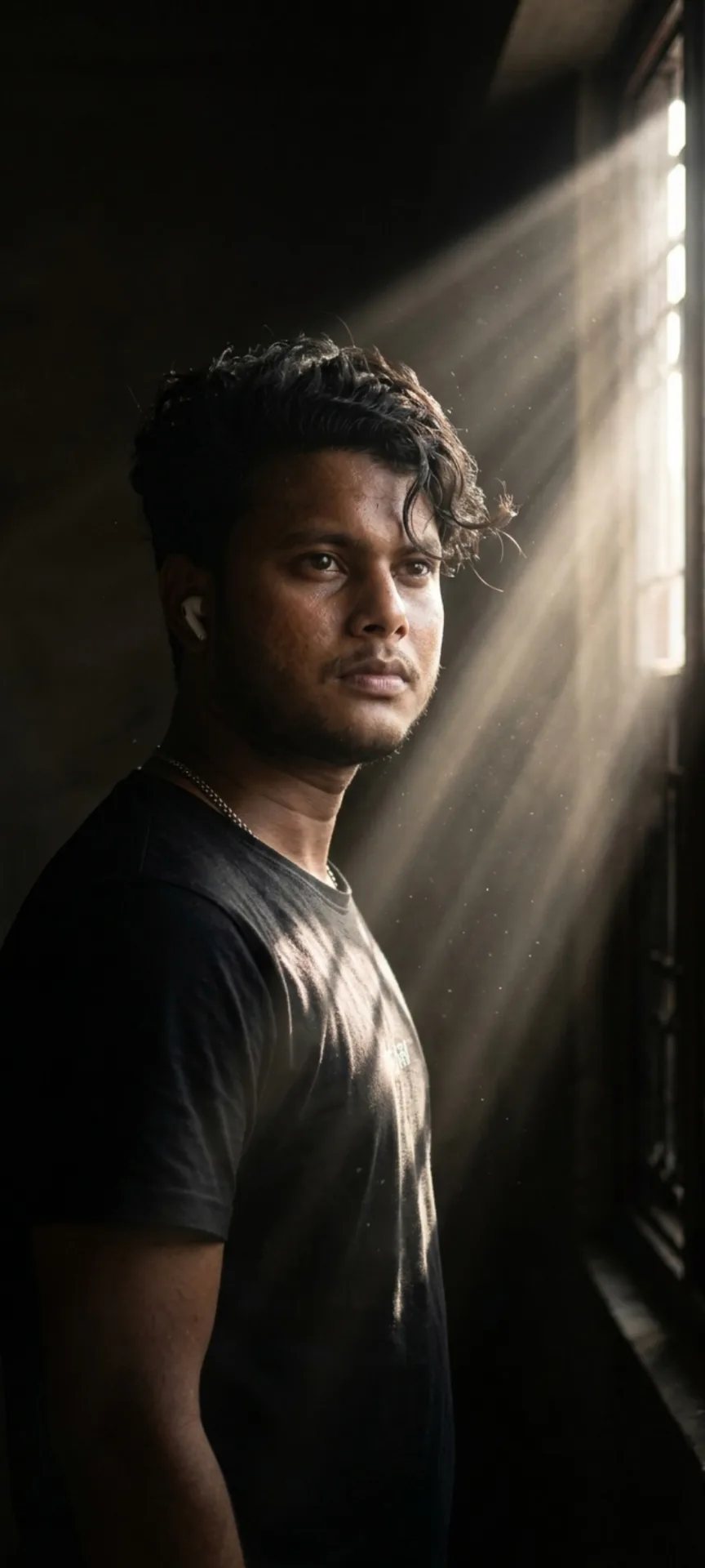 A cinematic medium-close portrait of a 26-year-old Indian man, height 5 feet 5 inches, with a defined jawline, short textured curly dark