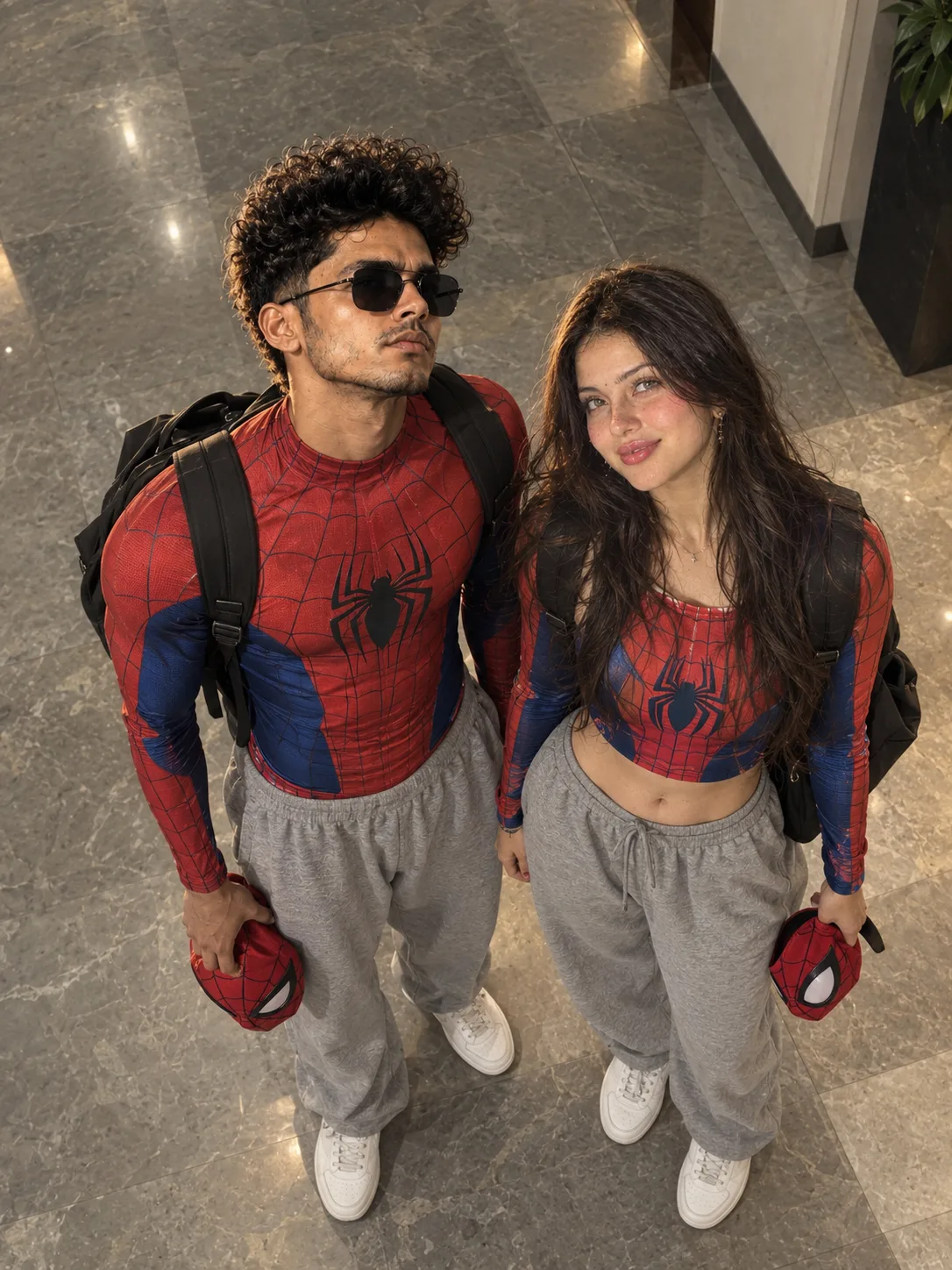 A realistic high-angle full-body shot of a young South Asian couple looking up at the camera with warm, natural smiles.