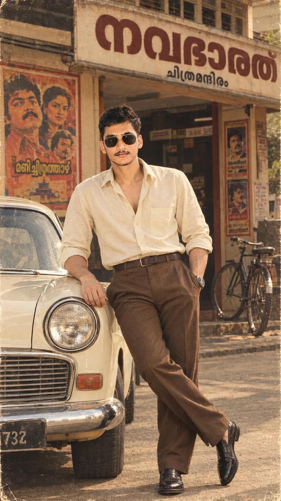 > Create an ultra-realistic cinematic full-body portrait of a stylish young South Asian man standing confidently beside a **vintage