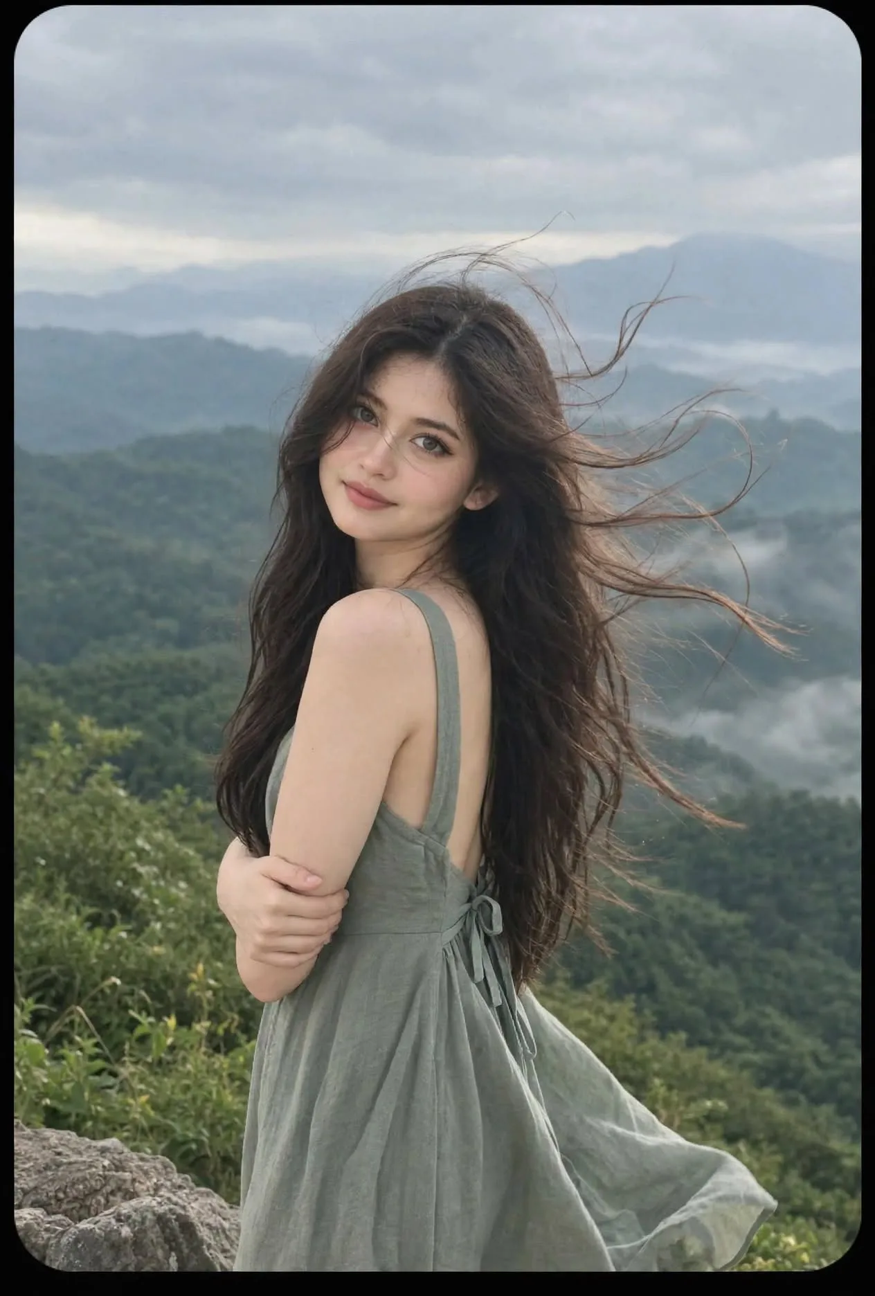 Cinematic portrait of a beautiful young woman with long dark wavy hair, standing on a mountain top looking back over her shoulder, soft