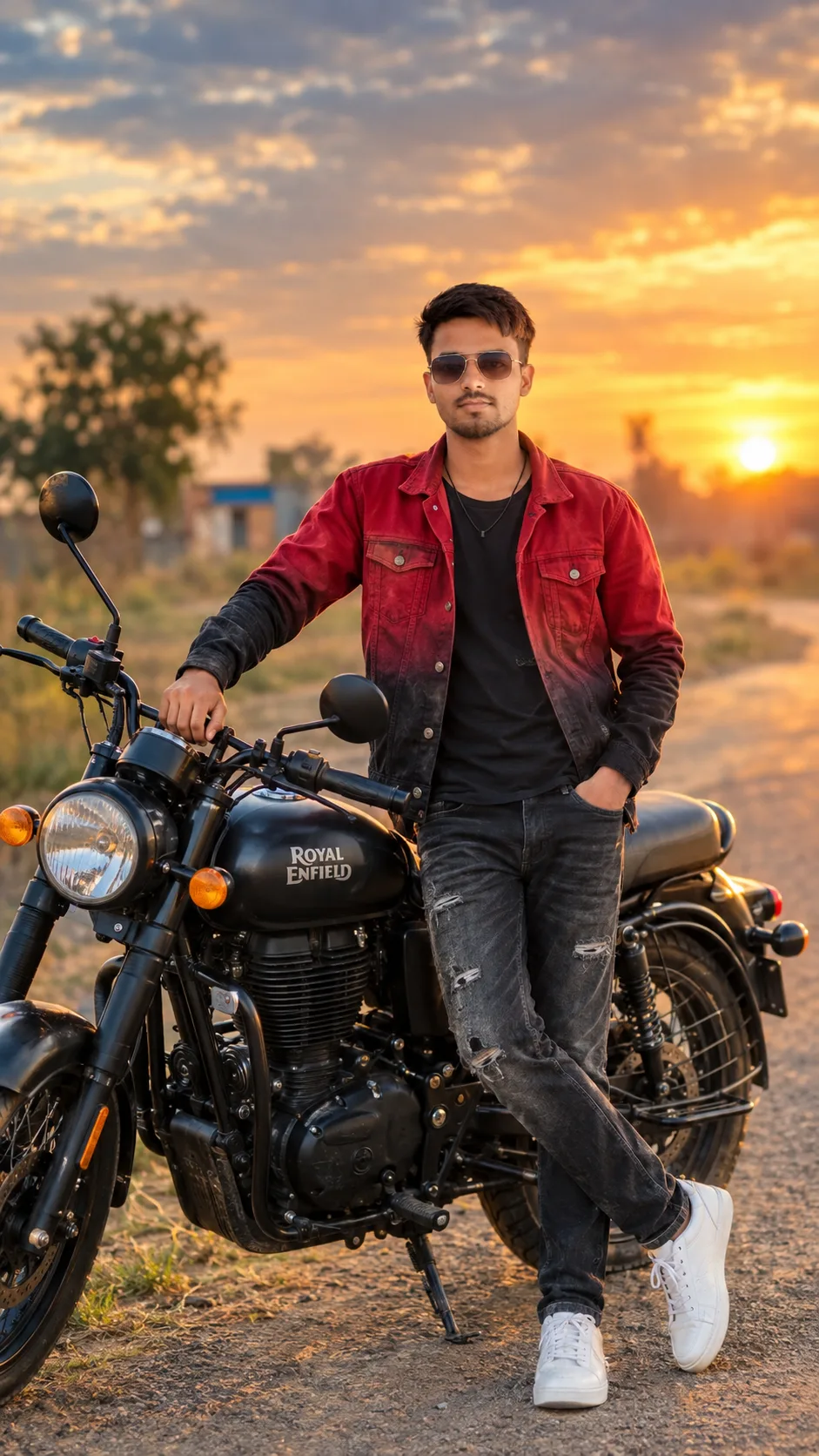 Create a highly realistic full-body portrait of a stylish young South Asian/Indian man standing confidently beside a classic black Royal