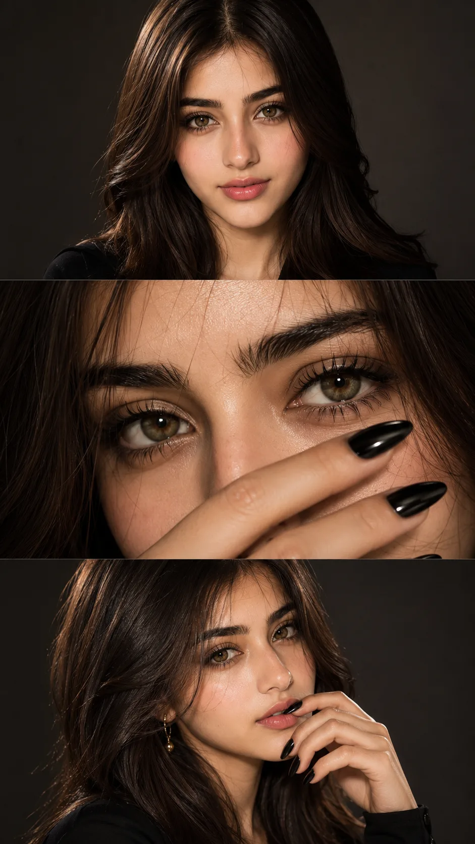 { "Objective": "Create a high-fashion editorial studio portrait presented as a vertical triptych with cinematic luxury aesthetics",
