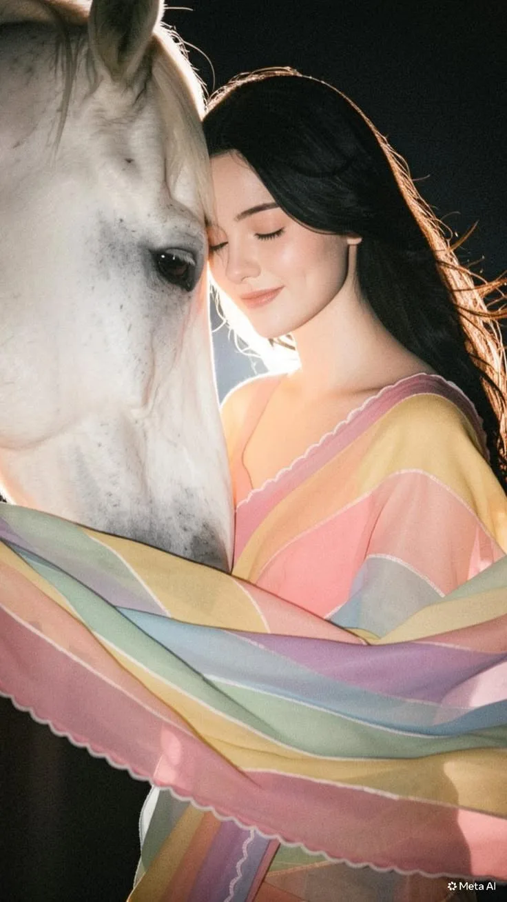 A dreamy cinematic portrait of a beautiful young woman standing closely beside a majestic white horse, gently resting her face against the