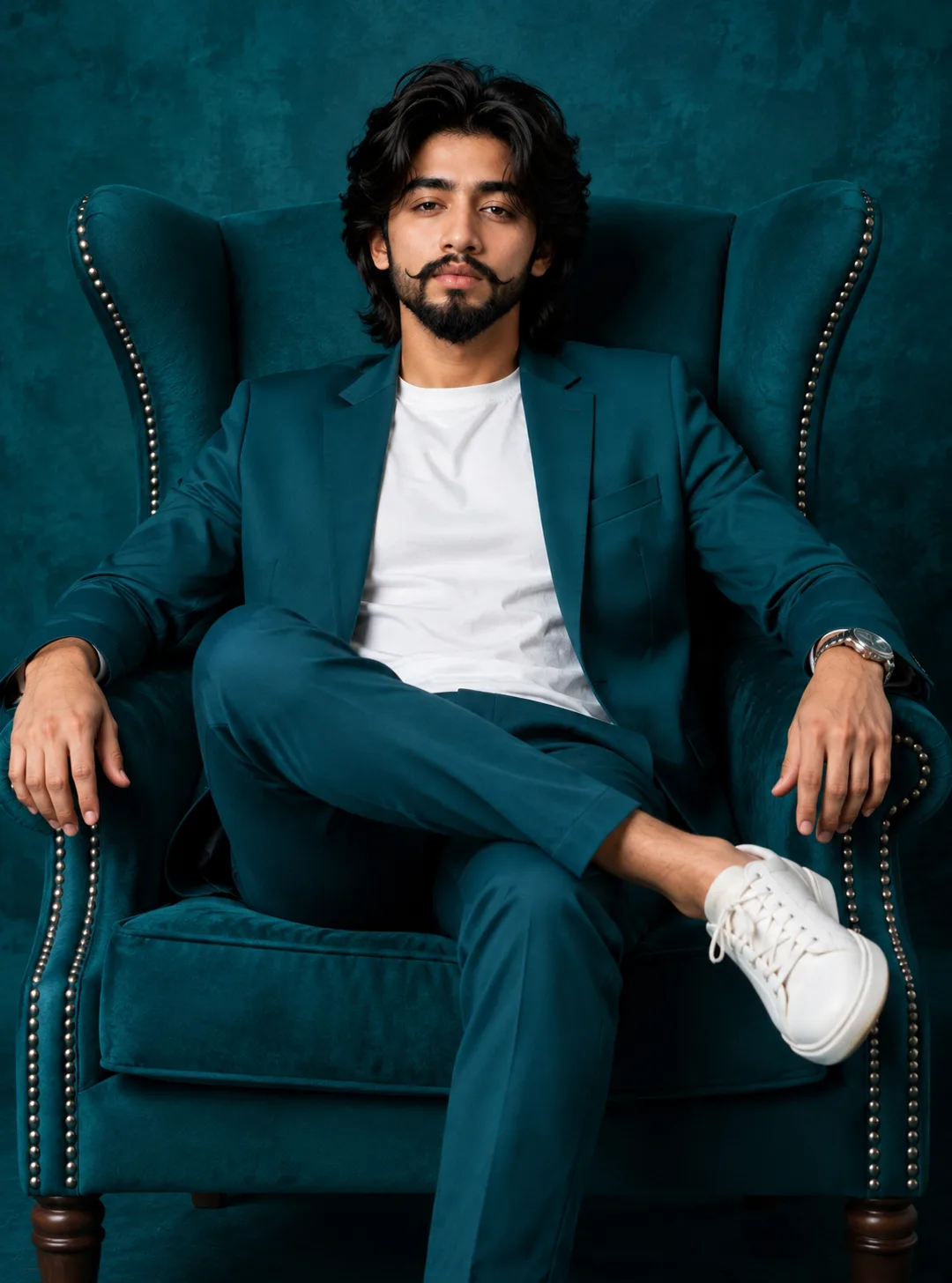 A photorealistic portrait featuring the user's face and original identity, seamlessly integrated into a model sitting confidently with a