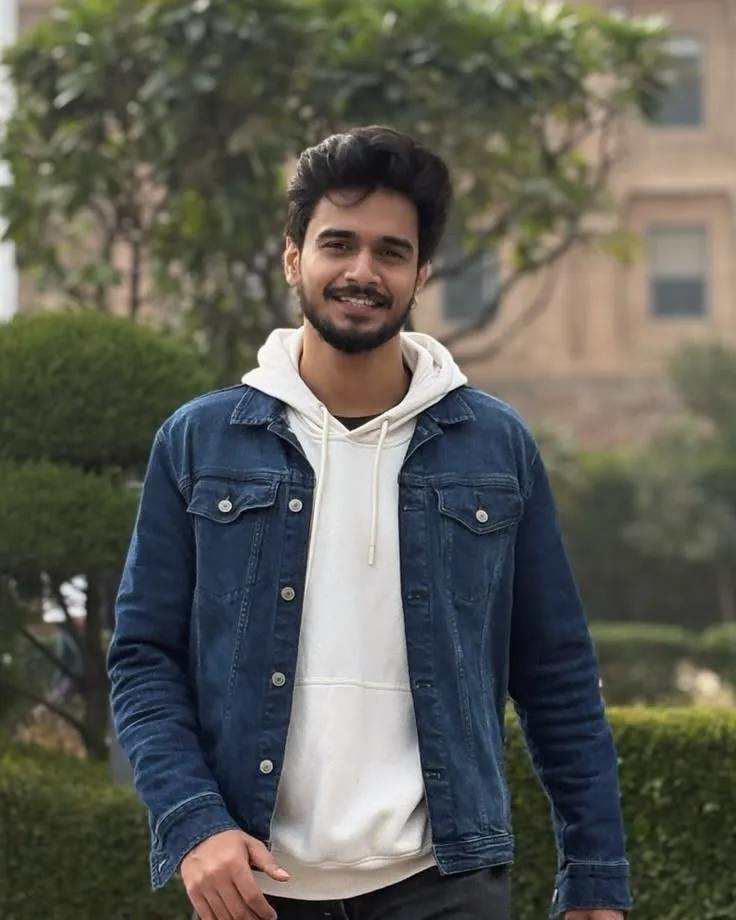 A photorealistic vertical medium shot in exact 3:4 aspect ratio capturing the young South Asian man from the reference image walking